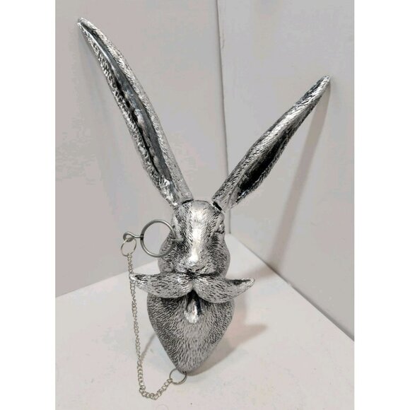 Resin Rabbit Head Wall Mount Decor Silver Colored Art Deco Removable Ears - Picture 1 of 11